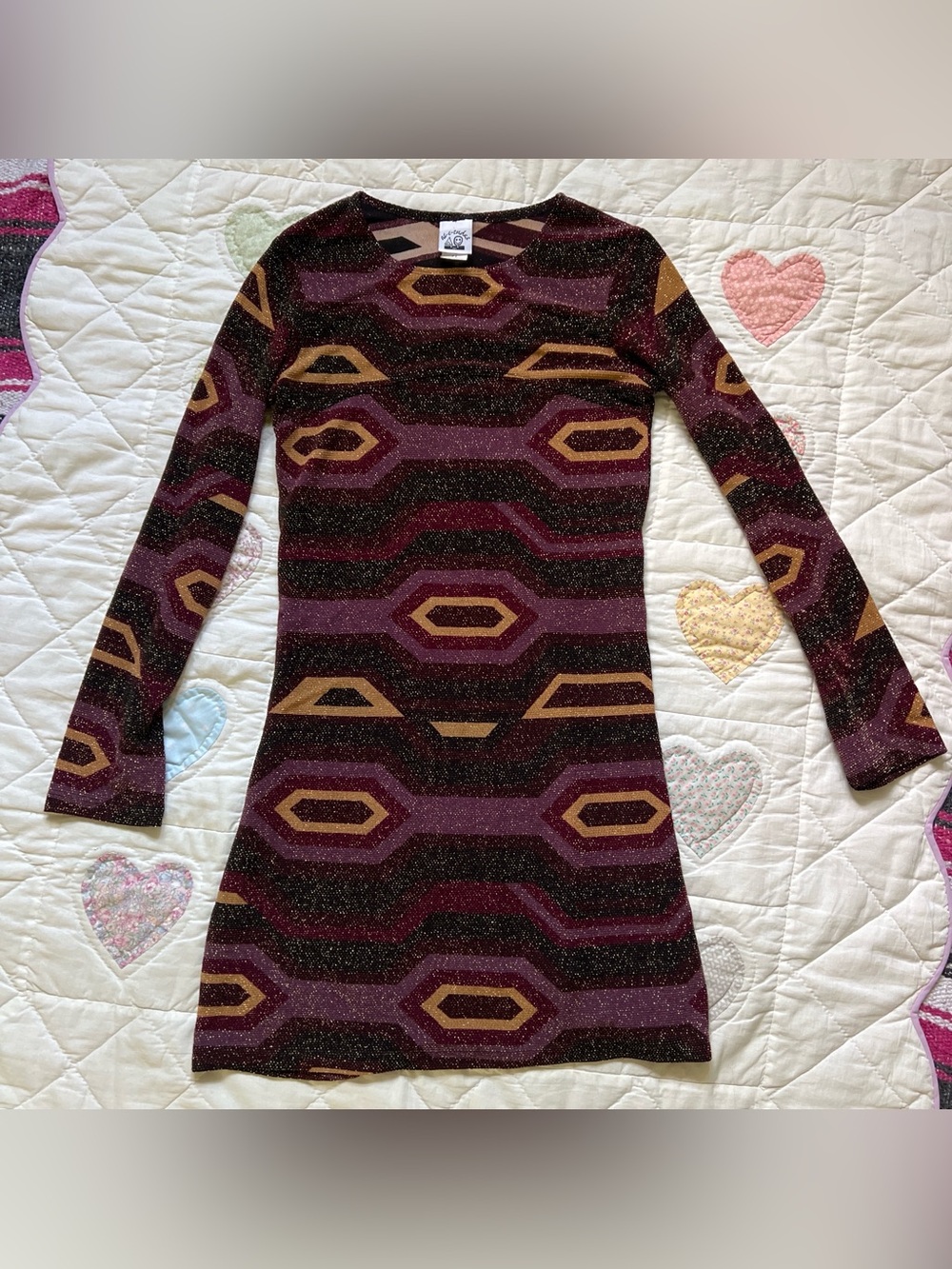 At E Tudes Purple Sparkly Geometric Long Sleeve Vintage 90’s Mini Dress Petite 2